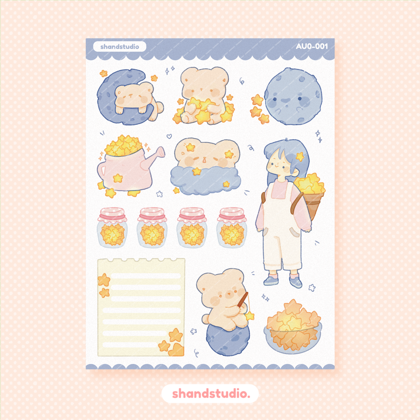 Stars and Moon Bear Themed Sticker Sheet